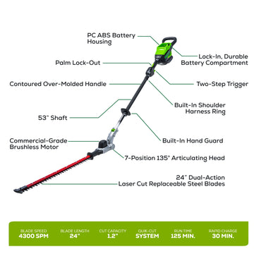 2023 Greenworks 82PH53A 82V Articulating Mid-Pole Hedge Trimmer (Tool Only)  for sale in Chicopee, MA. RJ's Outdoor Power Inc. Chicopee, MA (855)  526-2349